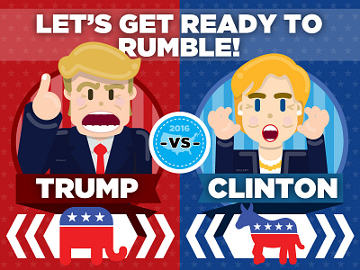 Let's Get Ready To Rumble! cartoon characters clinton democrat donaldtrump donkey elections2016 elephant hillaryclinton illustration republican vector