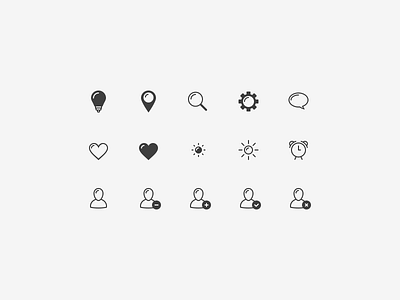 Basic shapes icon set clock cog hearth icon icons light lightbulb pin search speach user users