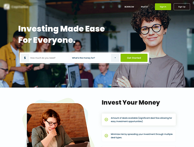 Investment money webpage borrower branding design investors money management ui uiux webpage website concept