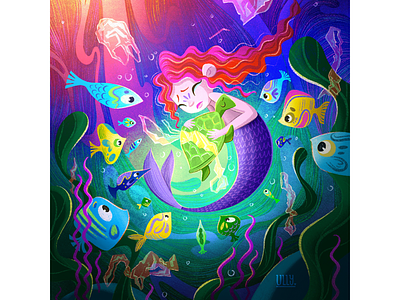 Mermaid and plastic sea 2d art book book illustration character design character illustration childrens book fairytale fish fishes illustration kids illustration mermaid nature ocean plastic pollution save the planet sea turtle water