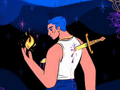 Man with sword blue brush character characterdesign design fighter fire flame freddie mercury hand illustration motion purple sword tears texture