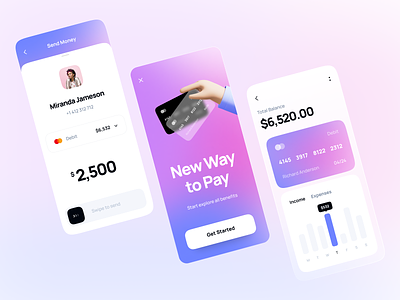 Financial app balance credit card dashboard infographic chart finance app financial dashboard fintech app glass effect income expenses mobile app design mobile design mobile interface neomorphism onboading flow product design send money transfer swipe ui design user profile weekly statistics