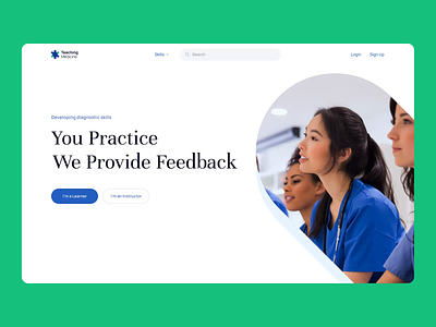 Teaching Medicine Landing page for healthcare platform animation motion benefits benefits onboard users categories icons dashboard infographic chart header search bar healthcare education illustration infographics branding landing page learn practice skill logo research feedback selecto
