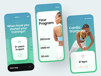 Fitness Coach Assistance app calorie counter cardio diet plan excercise fitness app mobile ui onboarding questionnaire personal profile steps timer graph training quizz ui design water balance workout workout tracker