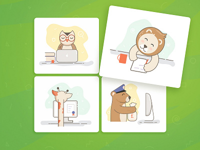 Onboarding Illustration cartoon animals children book lion bear giraffe owl material design onboard cards service description zoo characters