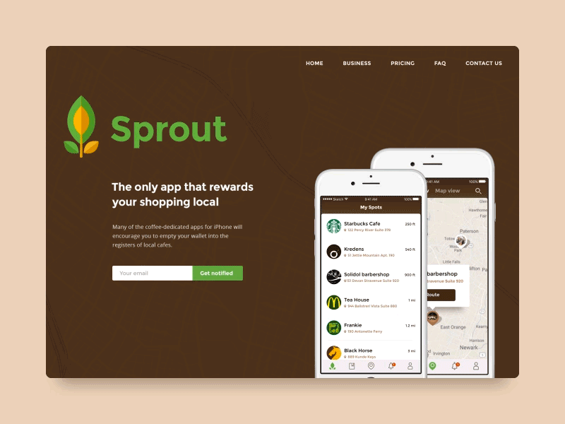 Sprout Landing cafe restaurant collect coins dynamic content footer motion gift vendor sliding animation sprout landing startup subscription