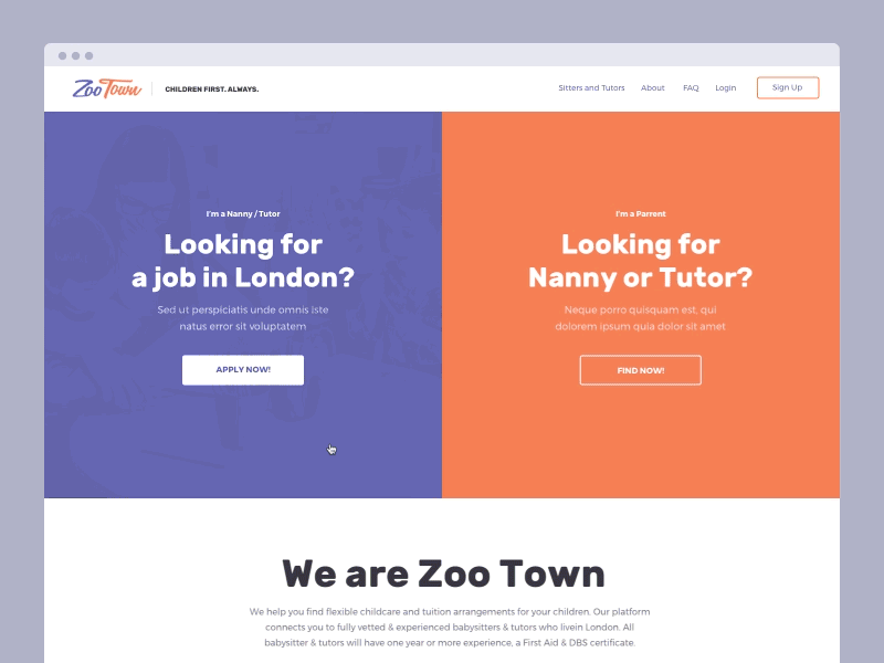 Zoo Town website adaptive content animals illustration cards typography children drawing children nanny kids service principle animation review feedback ui interface website layout