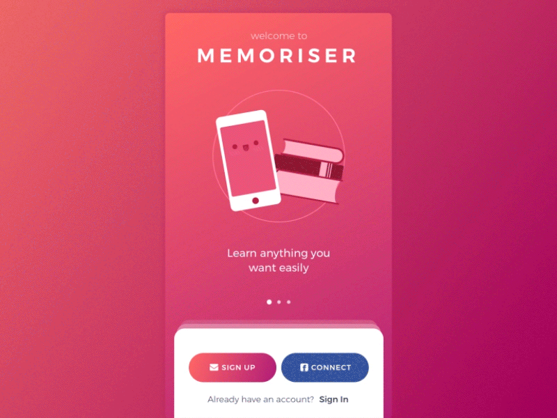 Onboard screens animation education app phone form books sign up login card login fields authorisation welcome screen verification memory training application selecto interface calendar reminder password email validation emotion icon onboard illustrations