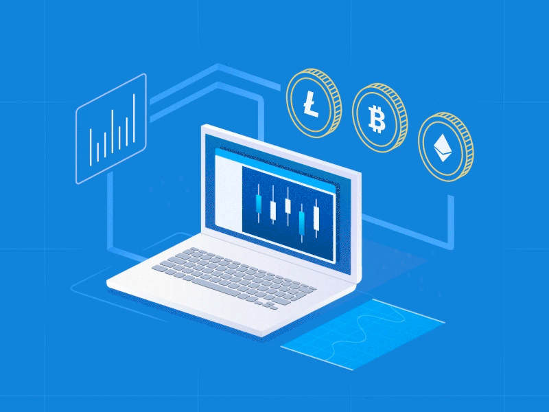 Dashboard illustration bitcoin crypto currency blockchain candle graph stocks dashboard stats data visualization flat laptop infographic charts motion illustration profit pop up form