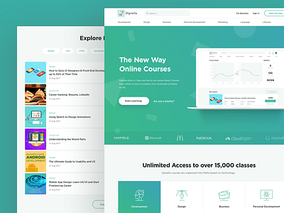 Diprella landing page benefits onboard users dashboard infographic chart education landing page explore lesson content gradient texture background laptop adaptive banner linear icons set online courses landing registration header menu sign up footer table content preview