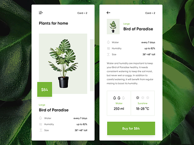 Plants e-commerce card total water humidity description card item interface infographics mobile store e commerce plant shopping card plants monstro green price list cart side menu stats sunshine table suggestion