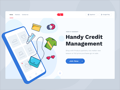 Shopping app landing page credit management tool flat illustration clothing join button market store shopping app landing sign up hero banner wear cards