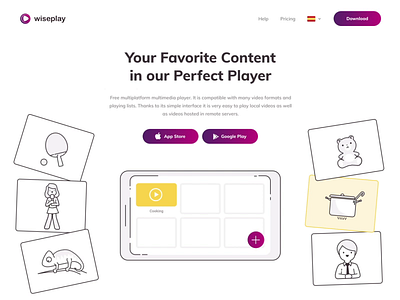 Wiseplay product landing page download appstore google footer navigation product landing page scroll slides player vr ar 360
