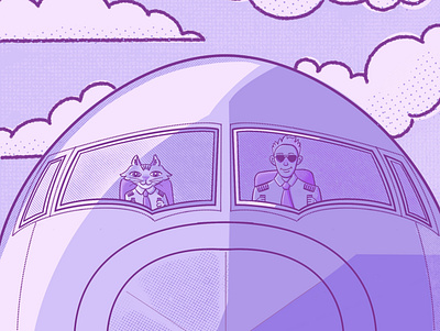 Joe and Zuri's flying adventures clouds graphic design illustration kitty plane procreate purple vector