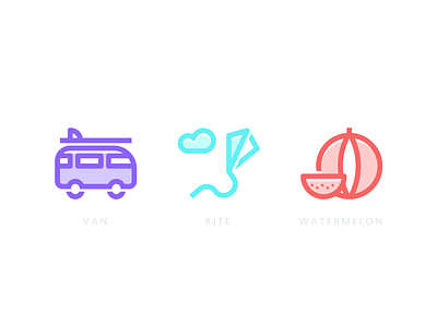 Summer Icons branding branding design cloud color icon design icon travel icons iconset illustration kite logo summer summer camp summer party summertime surfing van watermelon wip
