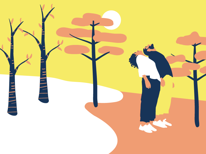 En attendant le printemps characters illustration season snow spring trees warm colors weather winter