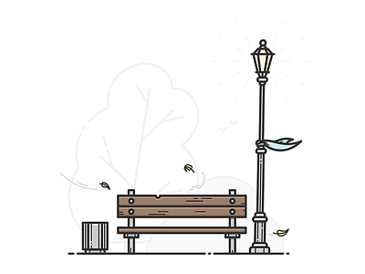 Bench autumn bench bin icon illustration illustrator light settle streetlight tree vector wind