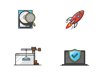 Icon set computer crane disk icon illustration illustrator magnifier protection rocket set shield vector