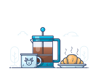 French Press coffee croissant cup french press icon illustration morning mug outline vector