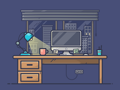 Night Workspace coffee computer desktop icon illustration illustrator kunchevsky night room vector work workspace