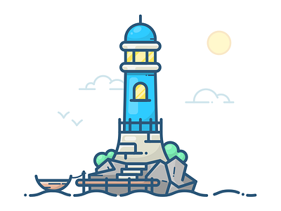 Lighthouse boat building icon illustration lighthouse logo mark ocean sea ship vector water