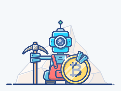 Miner bitcoin blockchain coin digger gold icon illustration landing mine miner money robot