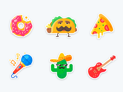 YouNow Stickers cactus design donut guitar icon illustration microphone pizza sticker taco vector younow