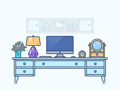 Home Workspace casual clock coffee desk icon illustration kitty laptop macbook table work workspace