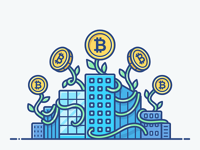 Cryptocurrency Growth bitcoin blockchain city cryptocurrency finance gold grow icon illustration money safe vector
