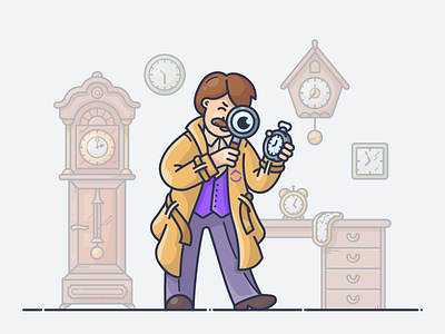 Find The Most Productive Time Of Day blog clock detective icon illustration magnifier man spy time vector watch