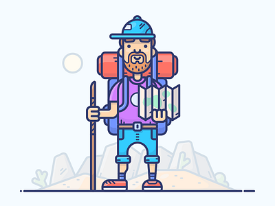 Hiker backpack california character hike hiker icon illustration man sands set travel vector