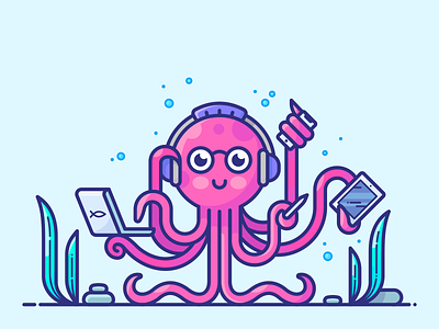 Multitasking blog character design icon illustration ocean octopus sea vector web work workspace