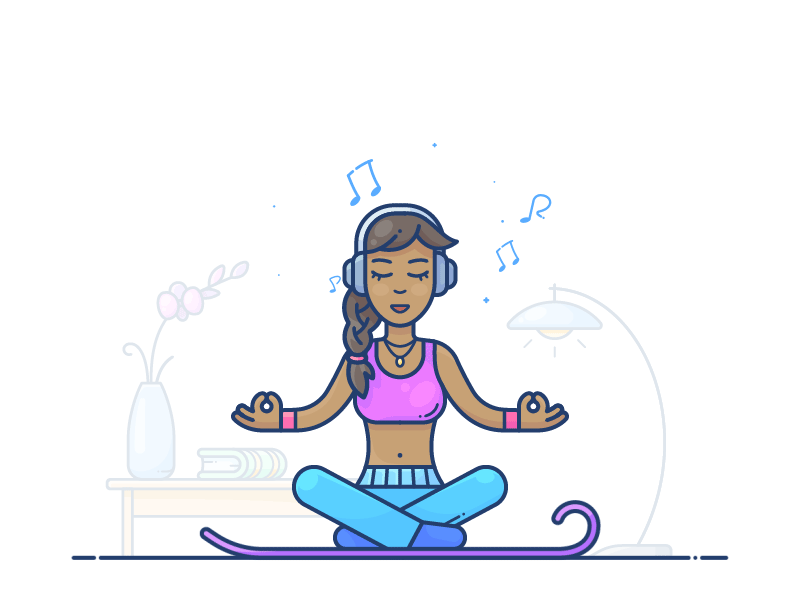 Meditation after effects animation book character design girl icon illustration meditation motion music onboarding outline relax room sounds vector web woman