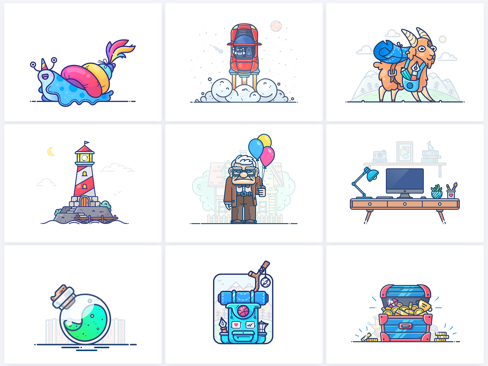 Best 9 Shots of 2018 adobe backpack best best 9 bundle chest graphics icon illustration illustrator lighthouse outline potion set shot top treasure vector web year