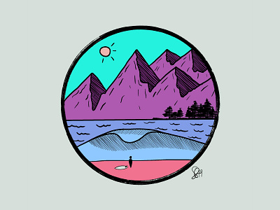 Daft surf land australia doodle drawing illustration minimal mountain ocean pink surf sydney wave