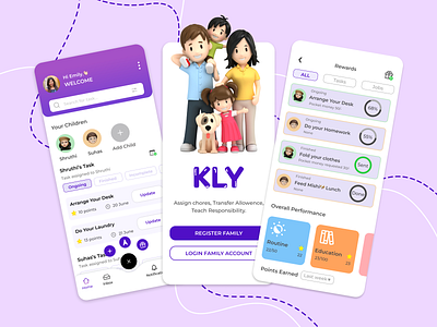 KLY family chores app👨‍👩‍👦‍👦 3d branding desgin family app interaction ixd kids kids app ui ui ux ux design