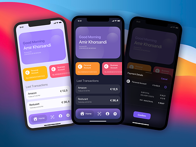 Bank App account bank bank card banking color credit dark app dark ui darkmode euro ios mobile money payment payment app payment form purple qrcode settings transaction