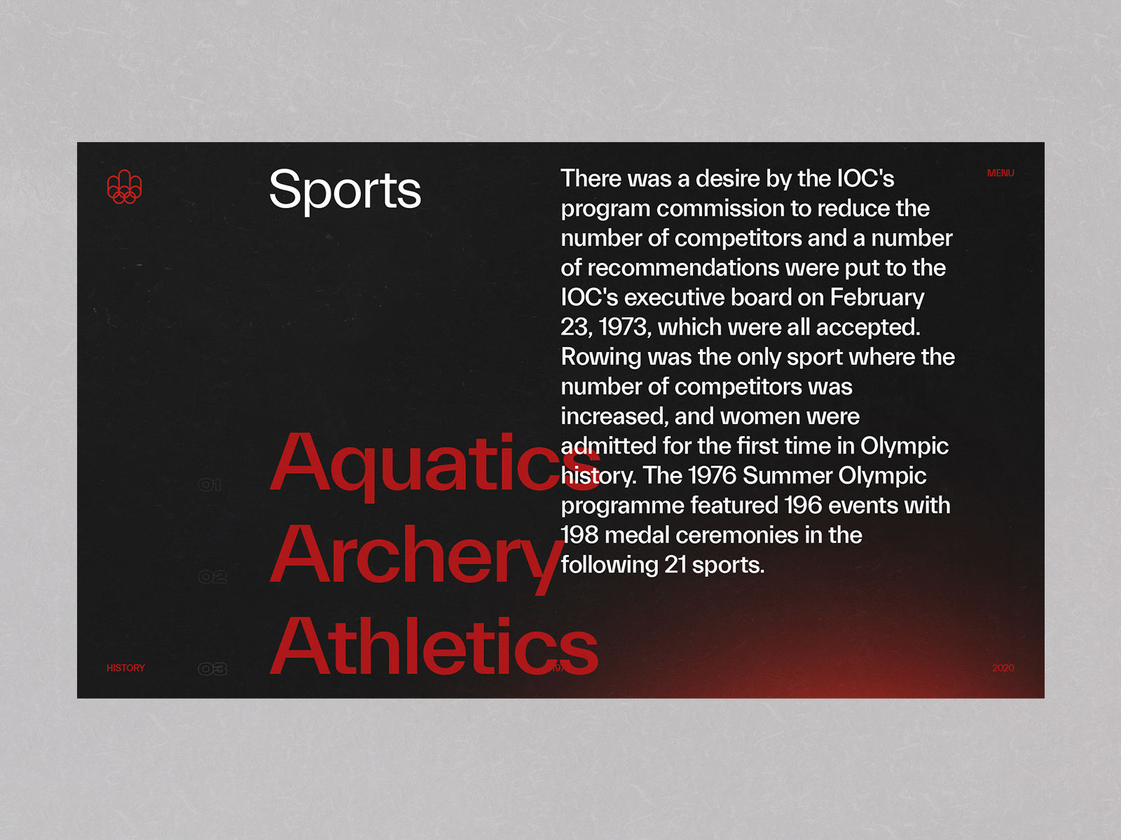 1976 Summer Olympics - Montréal animation animations black concept design grid grid logo interaction minimal olympics sports typography ui ux web