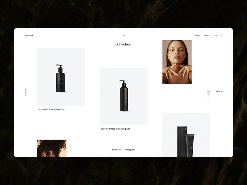 Sulubook – eCommerce ui animation black clear concept design ecommerce grid interaction minimal product skincare ui ux web