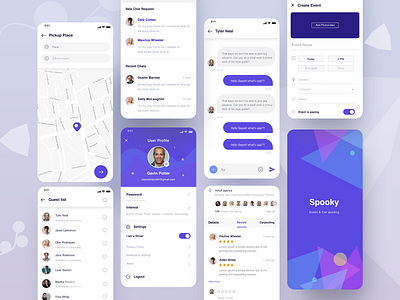Spooky App android app carpool carpooling app chatbox create event event app event branding guest list ios app location map message pickup pool party review ride sharing app rideshare search splashscreen user profile