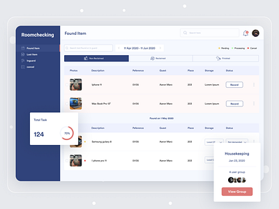 Lost and Found datepicker erp found objects homepage hotel hotel management hotel management app house lost maintenance office management pending restaurant app room app roomchecking saas saas landing page saas website shop management status bar