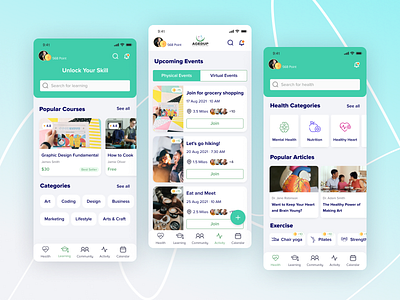 Old People Community App app design community community app course dashboard date app dating app event event app exercise app health care health care app learning app love app old people community physical app skill app social app virtual app young community