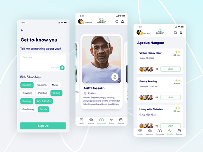 Old People Dating app about us activity app design calendar app chat community app dashboard design dating app event health app health care landing page design learning learning app message old people point profile sign up ui design