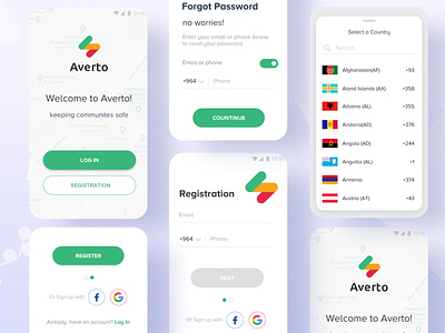 Login & Registration Process : Averto App alert app android app averto app awarness community app country code crowdfunding campaign flag login box logo design materialdesign real time app realtime security awareness registration form registration process safety app security app select phone number sign in welcome page
