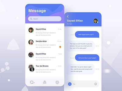 Chat Box 2019 trend android design application ui blue chat box creative app design inbox ios landing message app messanger mobile app nav online search bar shape pattern text text app user profile vector