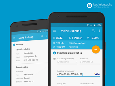 Busliniensuche.de - Android Booking (Payment & summary) screen android app booking busliniensuche.de busradar data flat material payment redesign search summary