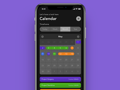 Time Tracker - Calendar (Dark Mode) app apple calendar concept dark mode design ios numbers time timetracker ui ux