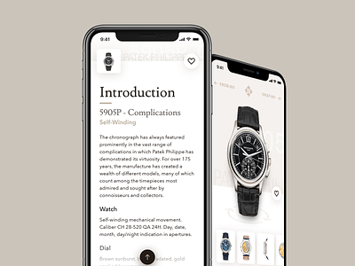 The Watcher - Details (Scrolling Behaviour) app behaviour chronograph concept design explore ios luxury minimal patekphilippe scrolling silver timepiece ui ux watches