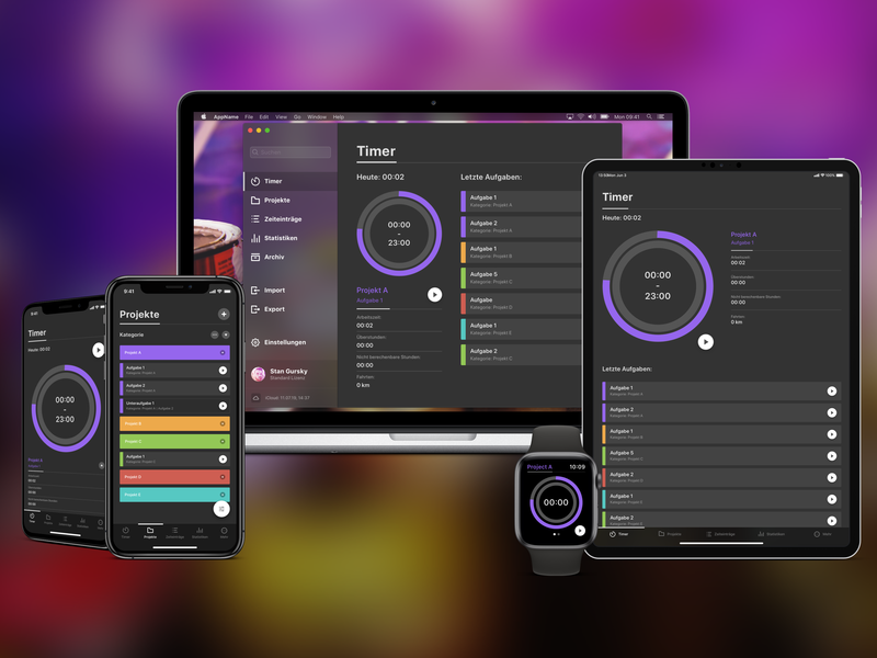 Tyme - Concept (All Devices) app apple concept dark ui desktop flat ios mac os x phone progress bar redesign tablet timetracker ui universal ux watch