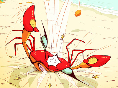 Crab action animals beach colours comic crab digital painting drawing illustration linework red